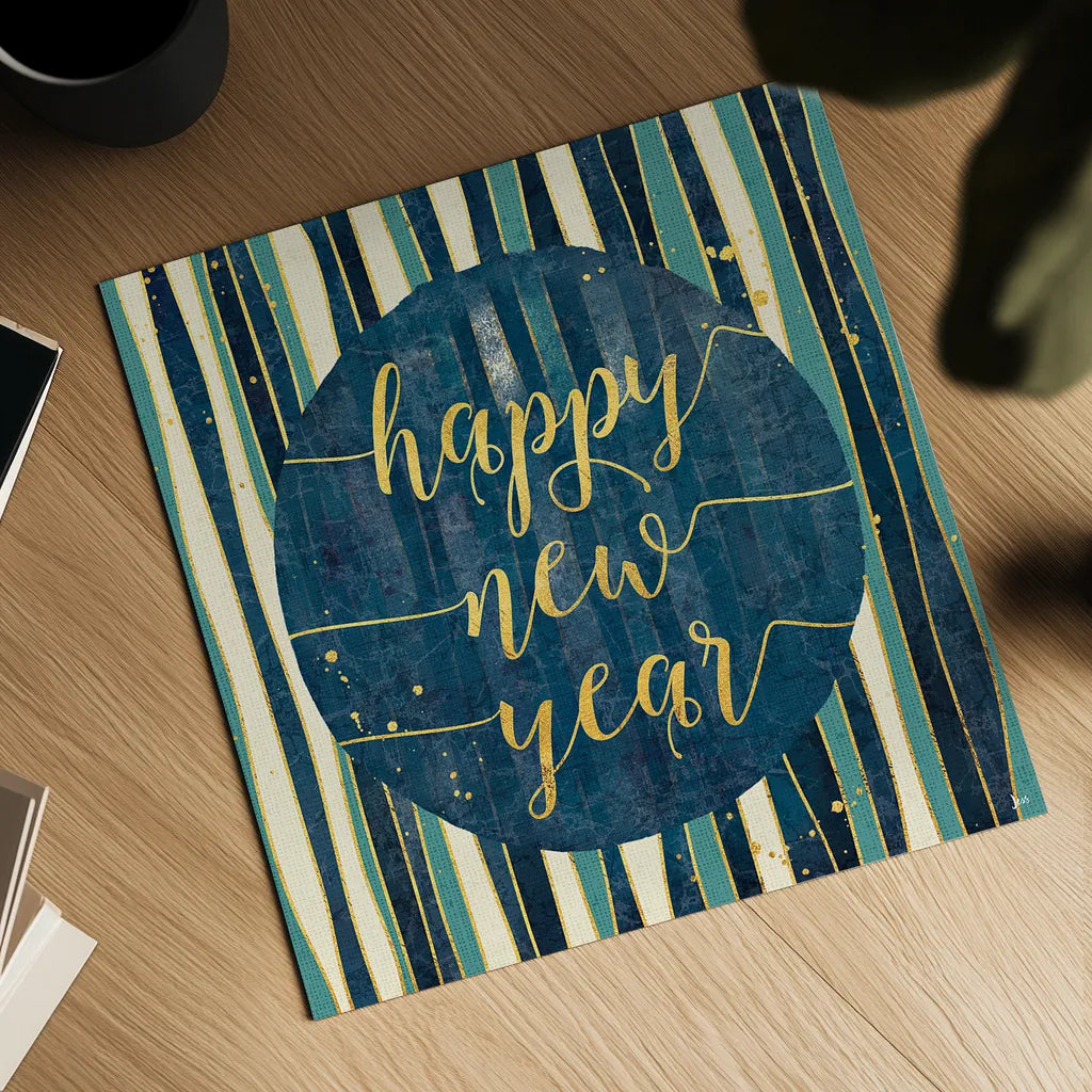 Coastal Lace Happy New Year Stripes Round by Jess Aiken. Shown as a detailed flat fine art print, highlighting archival giclee quality. Available as an archival giclee rolled canvas, fine art paper, or poster print. SKU 39395a.