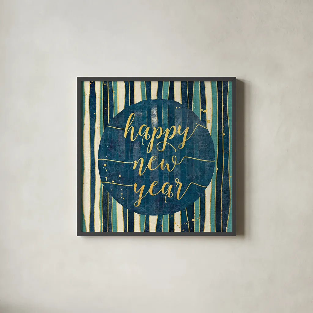 Coastal Lace Happy New Year Stripes Round by Jess Aiken. Shown in a sleek black glass frame for a contemporary gallery look. Available as an archival giclee rolled canvas, fine art paper, or poster print. SKU 39395a.