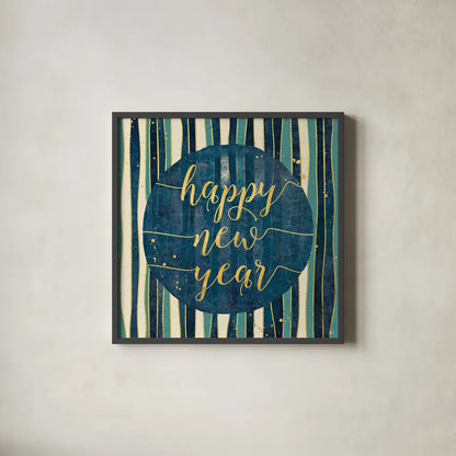 Coastal Lace Happy New Year Stripes Round by Jess Aiken. Shown in a sleek black glass frame for a contemporary gallery look. Available as an archival giclee rolled canvas, fine art paper, or poster print. SKU 39395a.