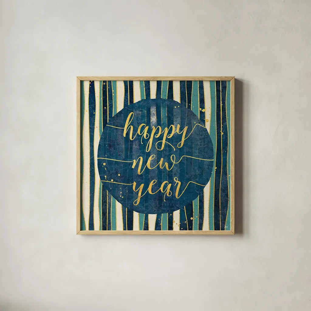 Coastal Lace Happy New Year Stripes Round by Jess Aiken. Shown in a natural wood glass frame for a timeless modern aesthetic. Available as an archival giclee rolled canvas, fine art paper, or poster print. SKU 39395a.