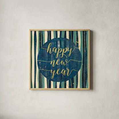 Coastal Lace Happy New Year Stripes Round by Jess Aiken. Shown in a natural wood glass frame for a timeless modern aesthetic. Available as an archival giclee rolled canvas, fine art paper, or poster print. SKU 39395a.