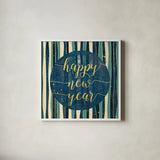 Coastal Lace Happy New Year Stripes Round by Jess Aiken. Shown in a crisp white glass frame for a clean and minimalist style. Available as an archival giclee rolled canvas, fine art paper, or poster print. SKU 39395a.