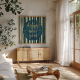 Coastal Lace Happy New Year Stripes Round by Jess Aiken. Shown in a natural wood frame in a cozy modern living room. Available as an archival giclee rolled canvas, fine art paper, or poster print. SKU 39395a.