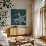 Coastal Lace II by Jess Aiken. Shown in a natural wood frame in a cozy modern living room. Available as an archival giclee rolled canvas, fine art paper, or poster print. SKU 22553a.