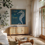 Coastal Lace VII by Jess Aiken. Shown in a natural wood frame in a cozy modern living room. Available as an archival giclee rolled canvas, fine art paper, or poster print. SKU 22558a.