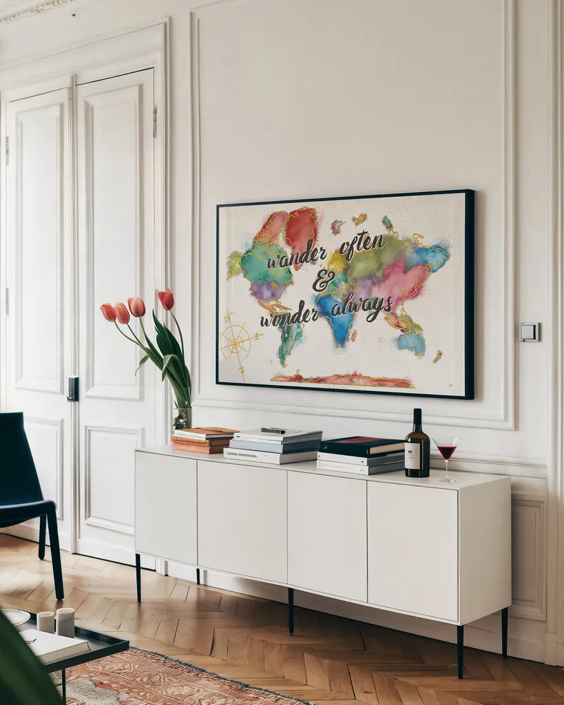 Colorful World I by Jess Aiken. shown as a framed stretched canvas in a living room above a console. Available as a archival giclee rolled canvas, fine art paper, or poster print. SKU 28769i.
