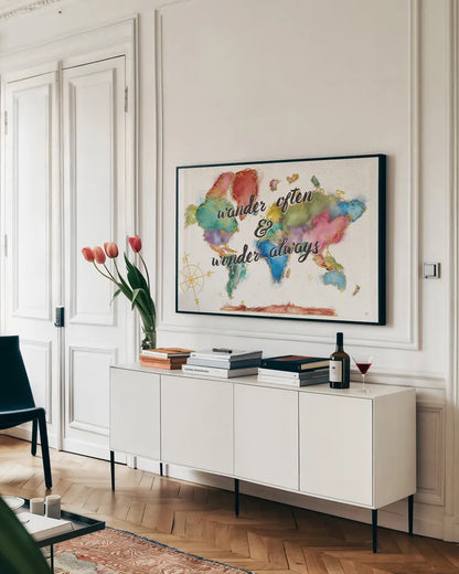 Colorful World I by Jess Aiken. shown as a framed stretched canvas in a living room above a console. Available as a archival giclee rolled canvas, fine art paper, or poster print. SKU 28769i.