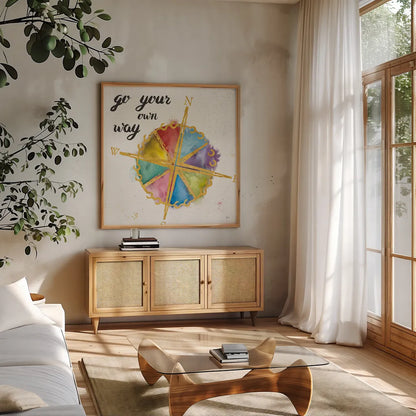 Colorful World II by Jess Aiken. Shown in a natural wood frame in a cozy modern living room. Available as an archival giclee rolled canvas, fine art paper, or poster print. SKU 28770a.