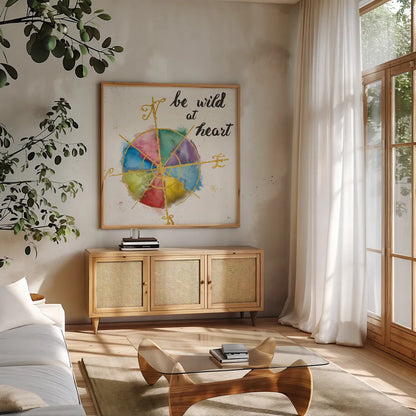 Colorful World III by Jess Aiken. Shown in a natural wood frame in a cozy modern living room. Available as an archival giclee rolled canvas, fine art paper, or poster print. SKU 28771a.