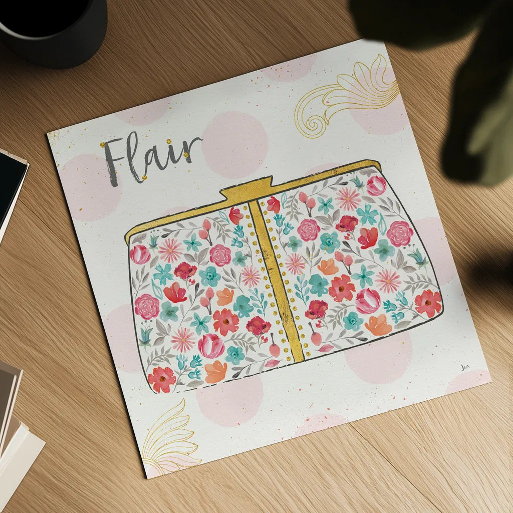 Fashion Blooms I by Jess Aiken. Shown as a detailed flat fine art print, highlighting archival giclee quality. Available as an archival giclee rolled canvas, fine art paper, or poster print. SKU 25997a.