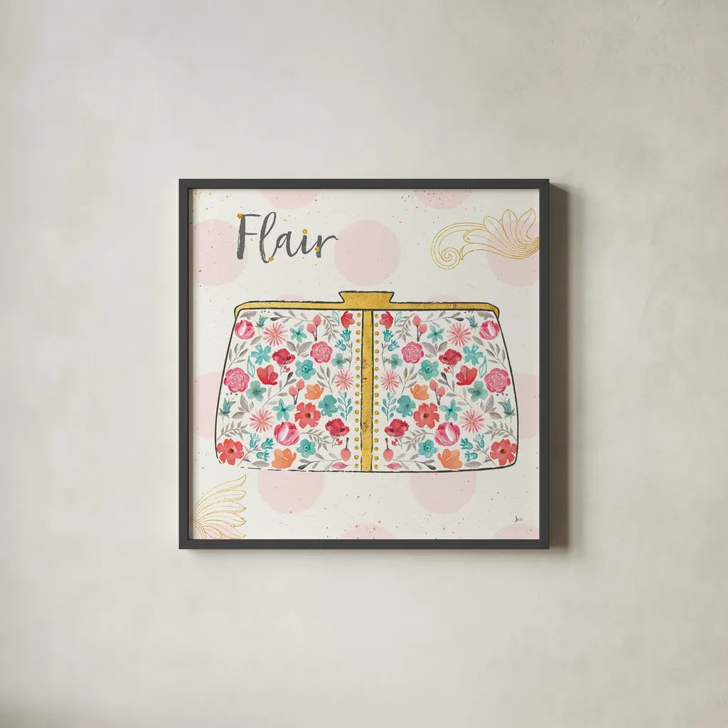 Fashion Blooms I by Jess Aiken. Shown in a sleek black glass frame for a contemporary gallery look. Available as an archival giclee rolled canvas, fine art paper, or poster print. SKU 25997a.