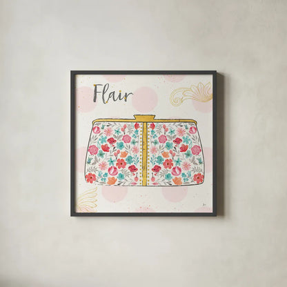 Fashion Blooms I by Jess Aiken. Shown in a sleek black glass frame for a contemporary gallery look. Available as an archival giclee rolled canvas, fine art paper, or poster print. SKU 25997a.