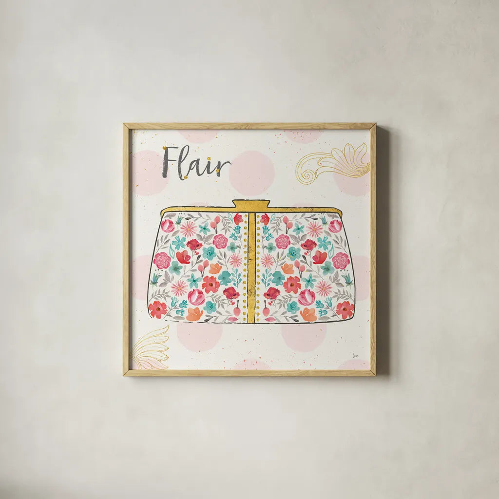 Fashion Blooms I by Jess Aiken. Shown in a natural wood glass frame for a timeless modern aesthetic. Available as an archival giclee rolled canvas, fine art paper, or poster print. SKU 25997a.