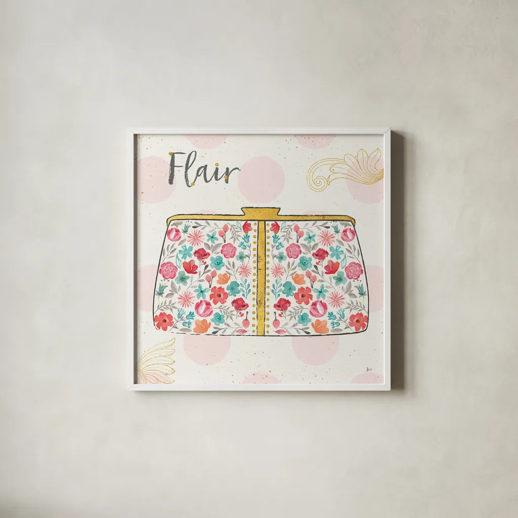 Fashion Blooms I by Jess Aiken. Shown in a crisp white glass frame for a clean and minimalist style. Available as an archival giclee rolled canvas, fine art paper, or poster print. SKU 25997a.