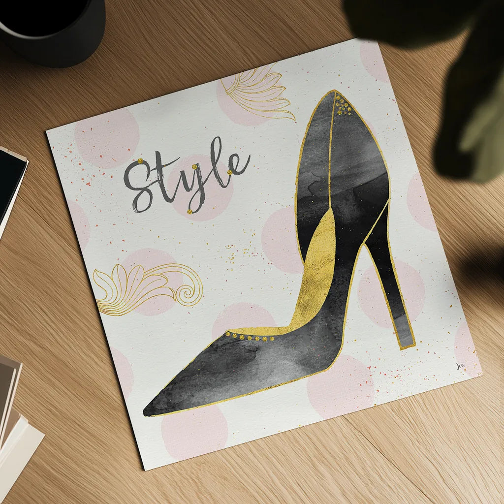 Fashion Blooms I Black by Jess Aiken. Shown as a detailed flat fine art print, highlighting archival giclee quality. Available as an archival giclee rolled canvas, fine art paper, or poster print. SKU 45817a.