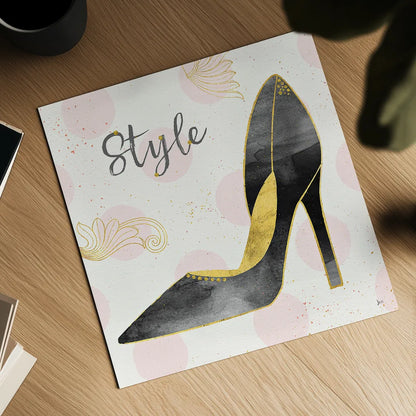 Fashion Blooms I Black by Jess Aiken. Shown as a detailed flat fine art print, highlighting archival giclee quality. Available as an archival giclee rolled canvas, fine art paper, or poster print. SKU 45817a.