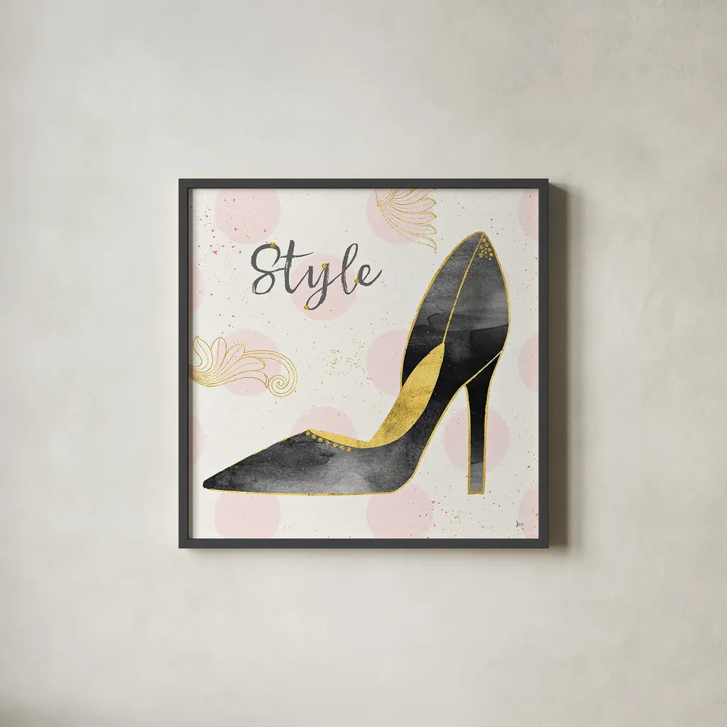 Fashion Blooms I Black by Jess Aiken. Shown in a sleek black glass frame for a contemporary gallery look. Available as an archival giclee rolled canvas, fine art paper, or poster print. SKU 45817a.