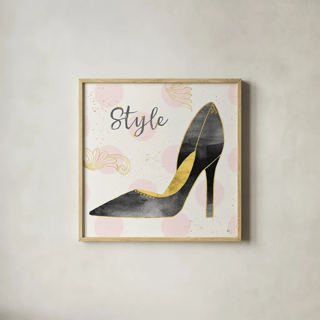 Fashion Blooms I Black by Jess Aiken. Shown in a natural wood glass frame for a timeless modern aesthetic. Available as an archival giclee rolled canvas, fine art paper, or poster print. SKU 45817a.