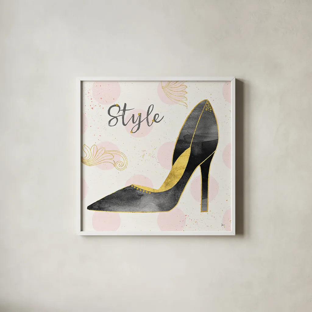 Fashion Blooms I Black by Jess Aiken. Shown in a crisp white glass frame for a clean and minimalist style. Available as an archival giclee rolled canvas, fine art paper, or poster print. SKU 45817a.