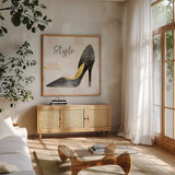 Fashion Blooms I Black by Jess Aiken. Shown in a natural wood frame in a cozy modern living room. Available as an archival giclee rolled canvas, fine art paper, or poster print. SKU 45817a.