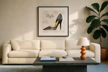 Fashion Blooms I Black by Jess Aiken. Displayed in a glass frame with matte in a clean modern living room. Available as an archival giclee rolled canvas, fine art paper, or poster print. SKU 45817a.