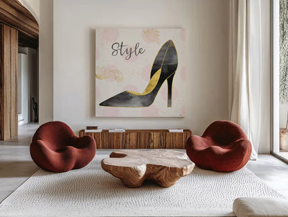 Fashion Blooms I Black by Jess Aiken. Shown as extra-large giant wall art in a modern living room. Available as an archival giclee rolled canvas, fine art paper, or poster print. SKU 45817a.