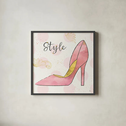 Fashion Blooms I Pink by Jess Aiken. Shown in a sleek black glass frame for a contemporary gallery look. Available as an archival giclee rolled canvas, fine art paper, or poster print. SKU 45813a.