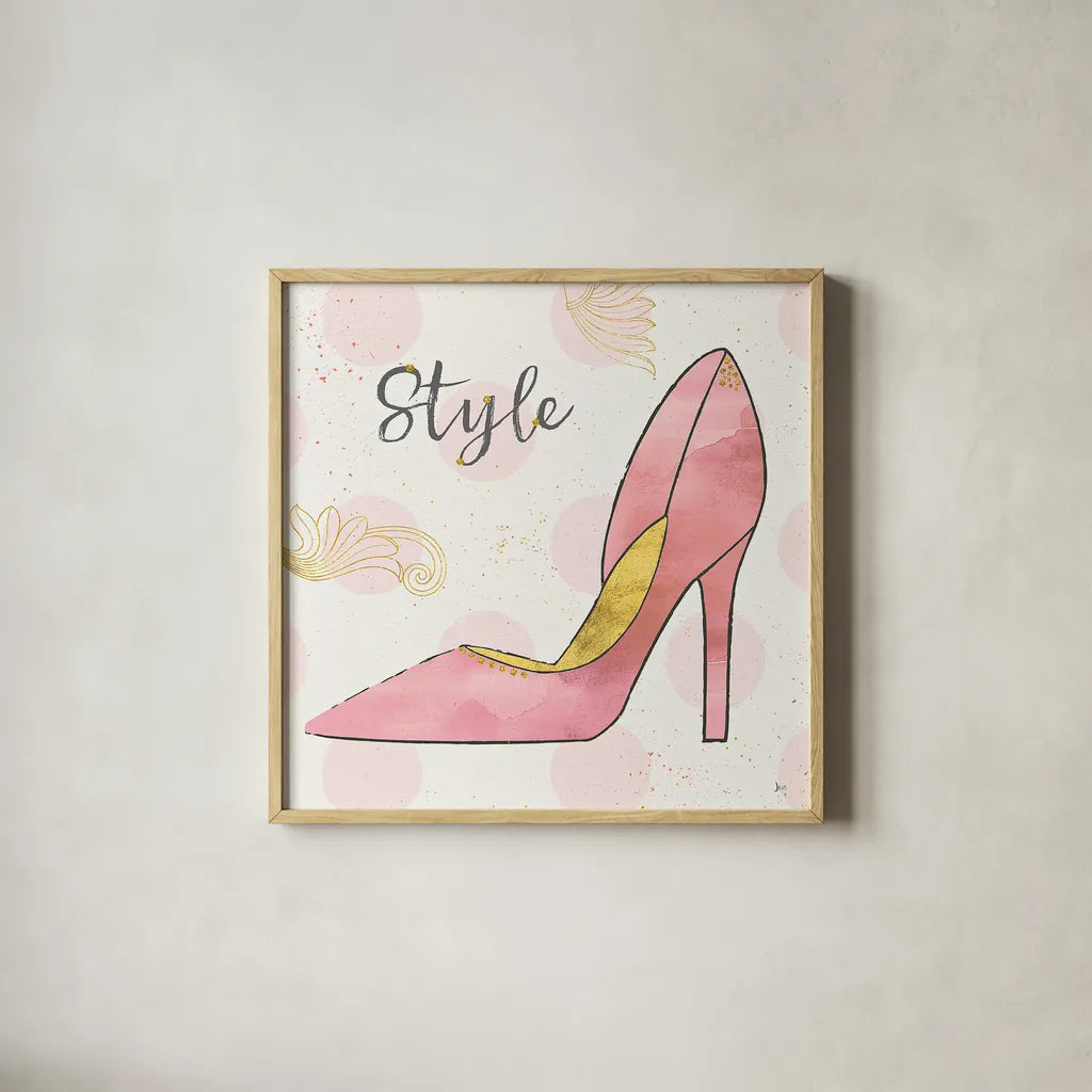 Fashion Blooms I Pink by Jess Aiken. Shown in a natural wood glass frame for a timeless modern aesthetic. Available as an archival giclee rolled canvas, fine art paper, or poster print. SKU 45813a.