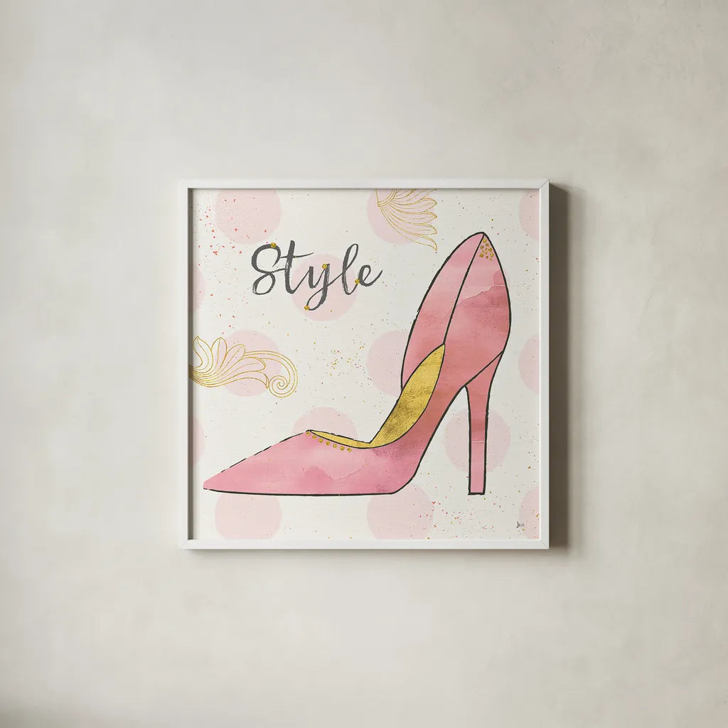 Fashion Blooms I Pink by Jess Aiken. Shown in a crisp white glass frame for a clean and minimalist style. Available as an archival giclee rolled canvas, fine art paper, or poster print. SKU 45813a.