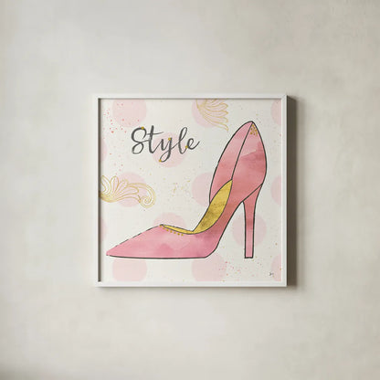 Fashion Blooms I Pink by Jess Aiken. Shown in a crisp white glass frame for a clean and minimalist style. Available as an archival giclee rolled canvas, fine art paper, or poster print. SKU 45813a.