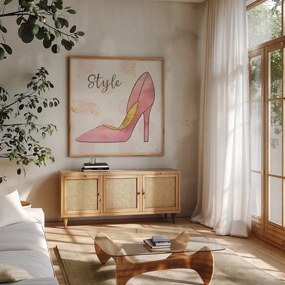 Fashion Blooms I Pink by Jess Aiken. Shown in a natural wood frame in a cozy modern living room. Available as an archival giclee rolled canvas, fine art paper, or poster print. SKU 45813a.