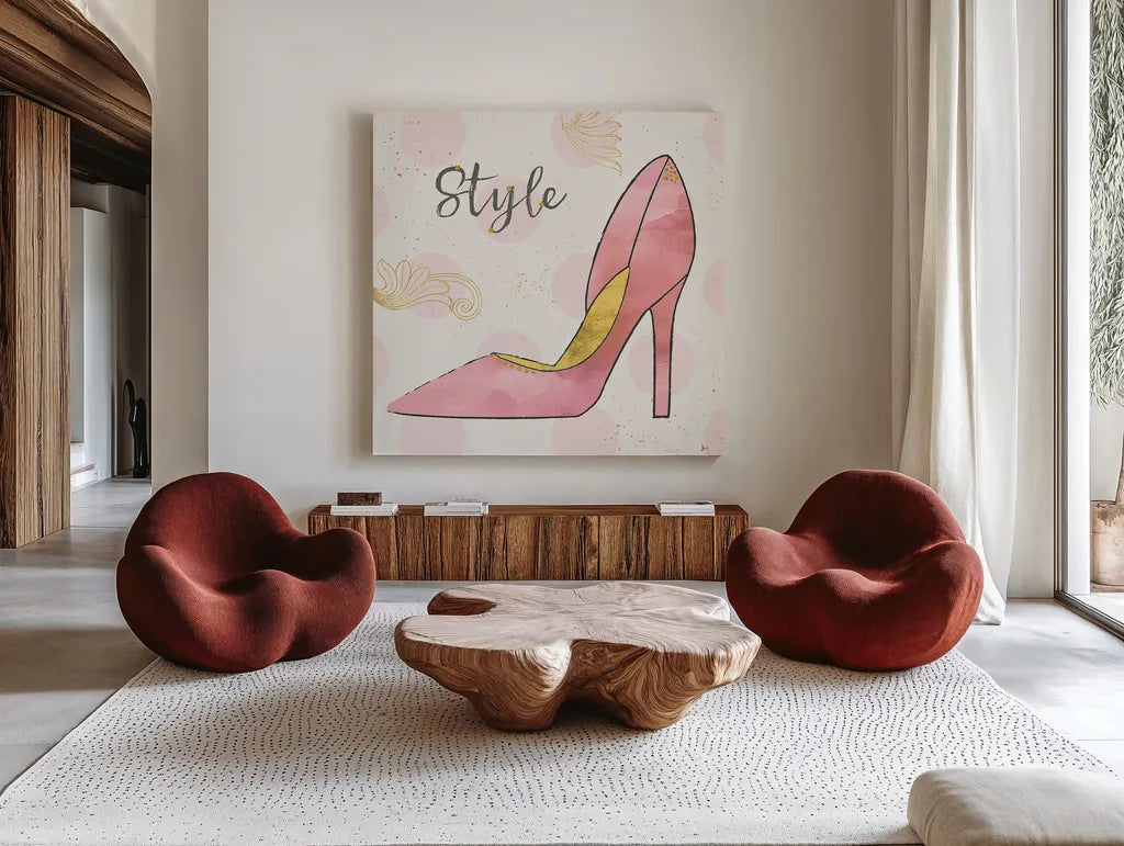 Fashion Blooms I Pink by Jess Aiken. Shown as extra-large giant wall art in a modern living room. Available as an archival giclee rolled canvas, fine art paper, or poster print. SKU 45813a.