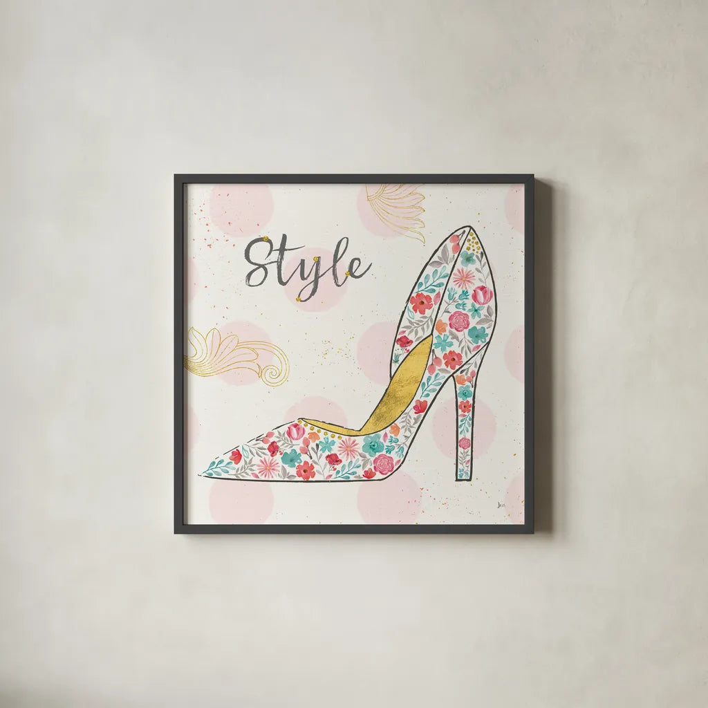 Fashion Blooms II by Jess Aiken. Shown in a sleek black glass frame for a contemporary gallery look. Available as an archival giclee rolled canvas, fine art paper, or poster print. SKU 25998a.