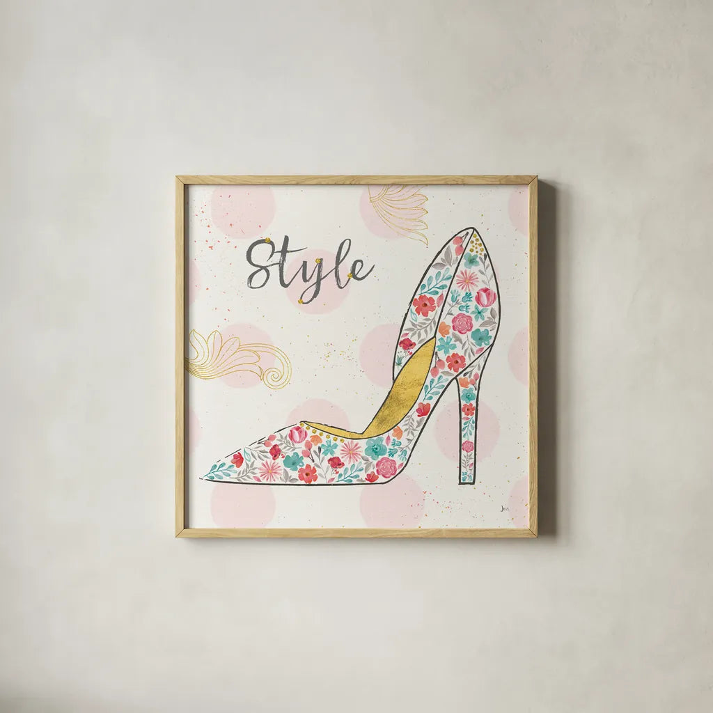 Fashion Blooms II by Jess Aiken. Shown in a natural wood glass frame for a timeless modern aesthetic. Available as an archival giclee rolled canvas, fine art paper, or poster print. SKU 25998a.