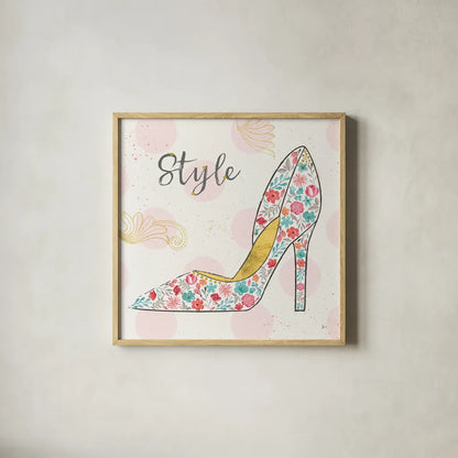 Fashion Blooms II by Jess Aiken. Shown in a natural wood glass frame for a timeless modern aesthetic. Available as an archival giclee rolled canvas, fine art paper, or poster print. SKU 25998a.