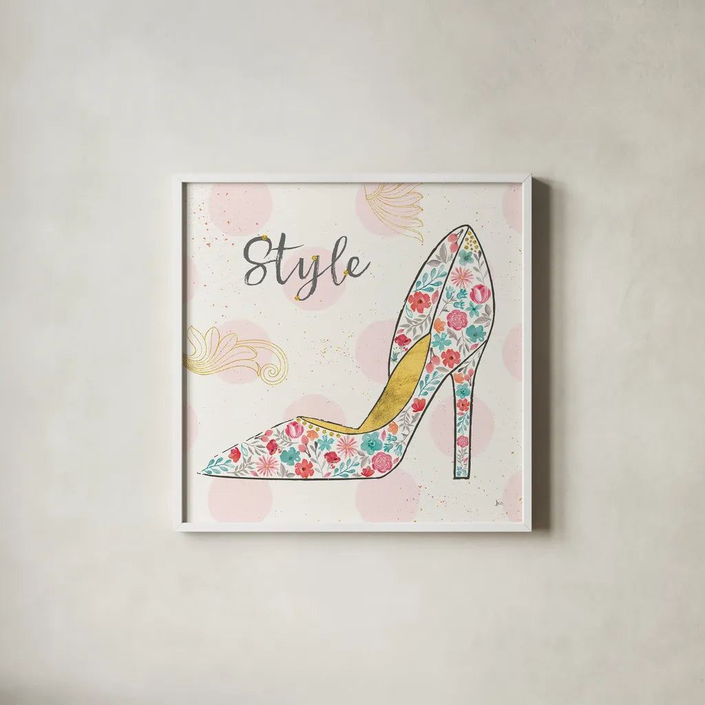 Fashion Blooms II by Jess Aiken. Shown in a crisp white glass frame for a clean and minimalist style. Available as an archival giclee rolled canvas, fine art paper, or poster print. SKU 25998a.