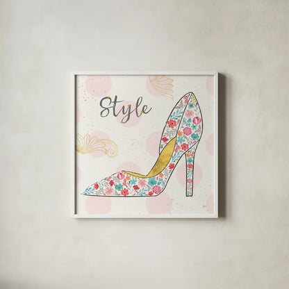 Fashion Blooms II by Jess Aiken. Shown in a crisp white glass frame for a clean and minimalist style. Available as an archival giclee rolled canvas, fine art paper, or poster print. SKU 25998a.
