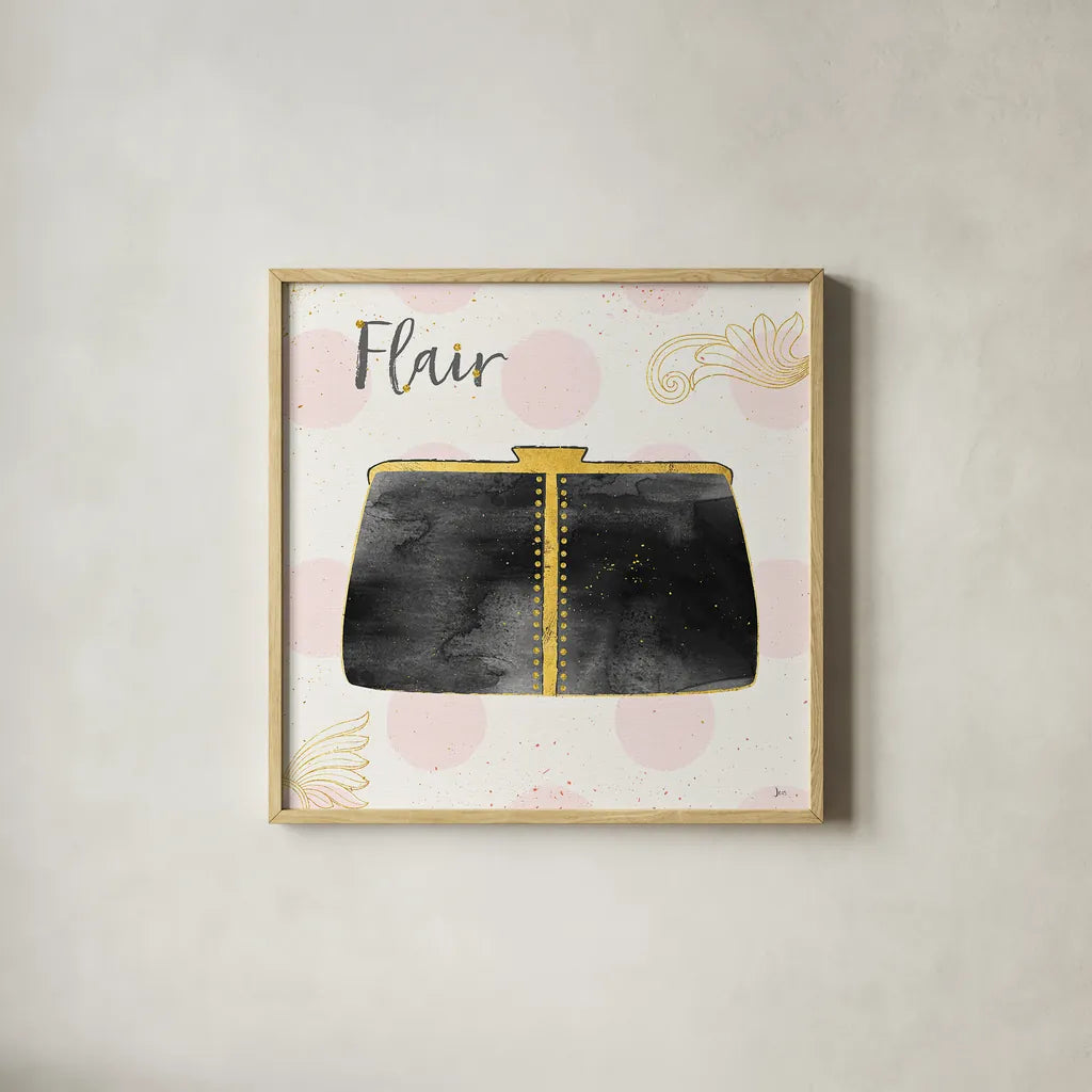 Fashion Blooms II Black by Jess Aiken. Shown in a natural wood glass frame for a timeless modern aesthetic. Available as an archival giclee rolled canvas, fine art paper, or poster print. SKU 45818a.