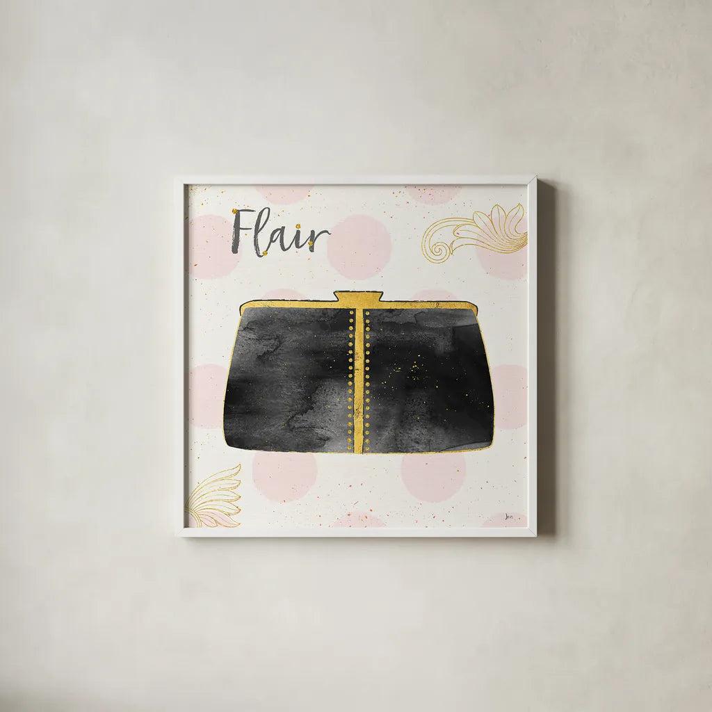 Fashion Blooms II Black by Jess Aiken. Shown in a crisp white glass frame for a clean and minimalist style. Available as an archival giclee rolled canvas, fine art paper, or poster print. SKU 45818a.