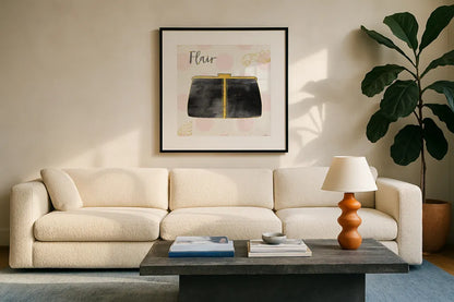 Fashion Blooms II Black by Jess Aiken. Displayed in a glass frame with matte in a clean modern living room. Available as an archival giclee rolled canvas, fine art paper, or poster print. SKU 45818a.