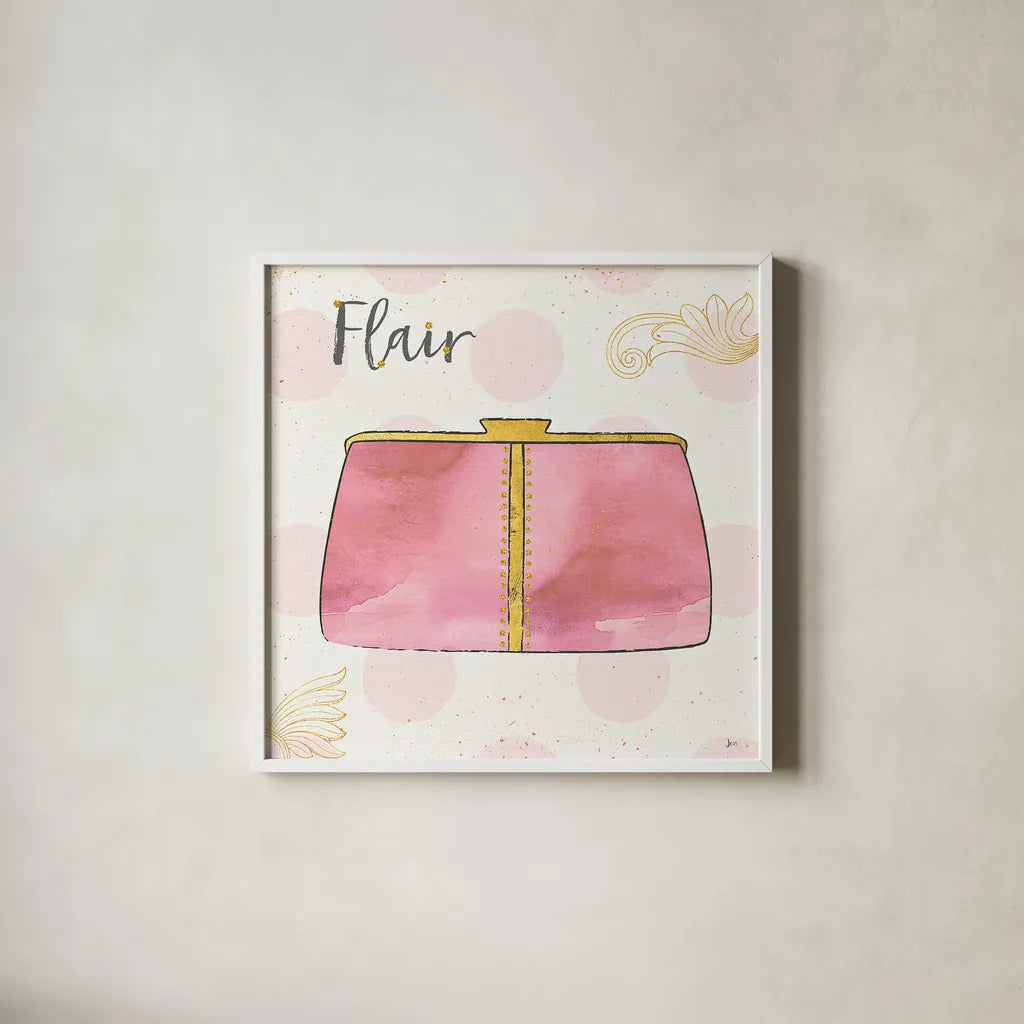 Fashion Blooms II Pink by Jess Aiken. Shown in a crisp white glass frame for a clean and minimalist style. Available as an archival giclee rolled canvas, fine art paper, or poster print. SKU 45814a.