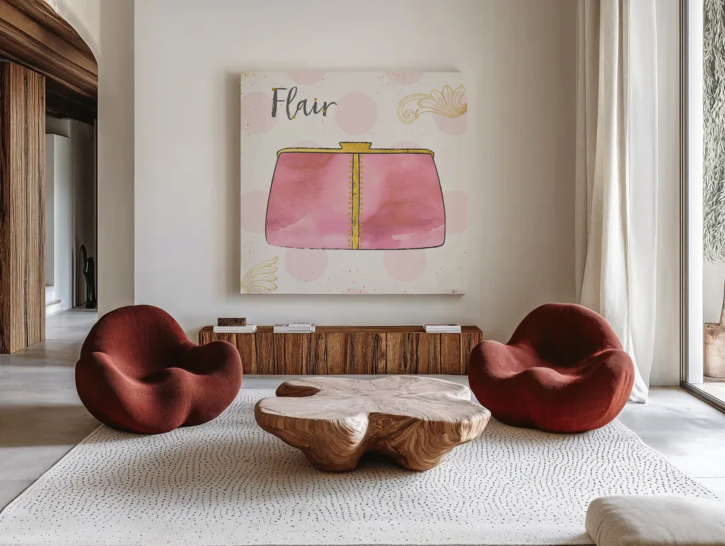 Fashion Blooms II Pink by Jess Aiken. Shown as extra-large giant wall art in a modern living room. Available as an archival giclee rolled canvas, fine art paper, or poster print. SKU 45814a.