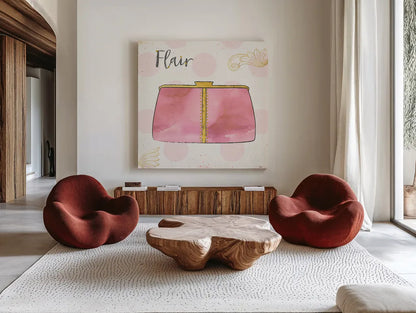 Fashion Blooms II Pink by Jess Aiken. Shown as extra-large giant wall art in a modern living room. Available as an archival giclee rolled canvas, fine art paper, or poster print. SKU 45814a.