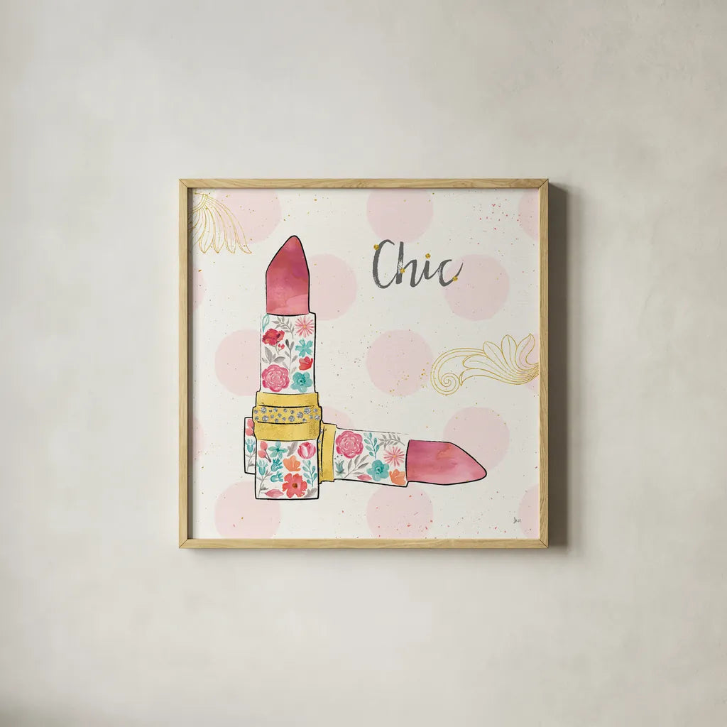 Fashion Blooms III by Jess Aiken. Shown in a natural wood glass frame for a timeless modern aesthetic. Available as an archival giclee rolled canvas, fine art paper, or poster print. SKU 25999a.