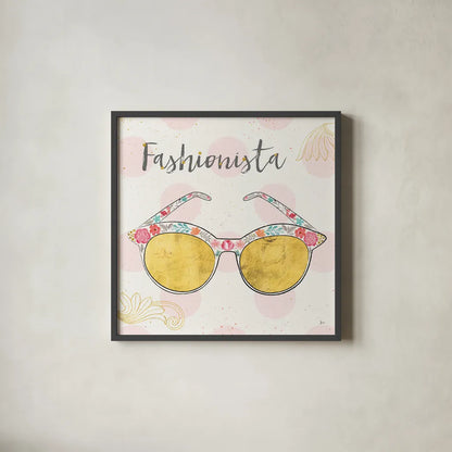 Fashion Blooms IV by Jess Aiken. Shown in a sleek black glass frame for a contemporary gallery look. Available as an archival giclee rolled canvas, fine art paper, or poster print. SKU 26000a.