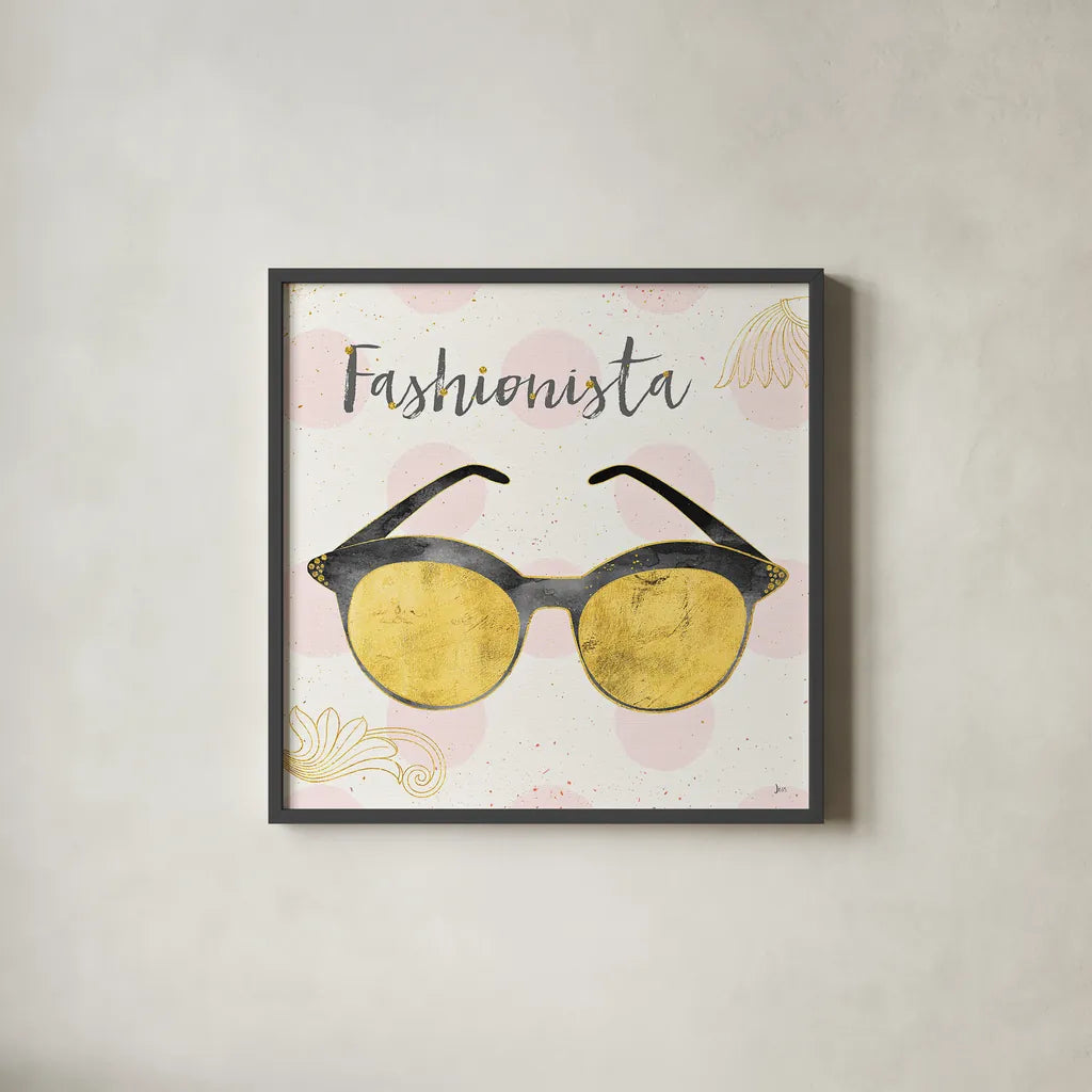 Fashion Blooms IV Black by Jess Aiken. Shown in a sleek black glass frame for a contemporary gallery look. Available as an archival giclee rolled canvas, fine art paper, or poster print. SKU 45820a.