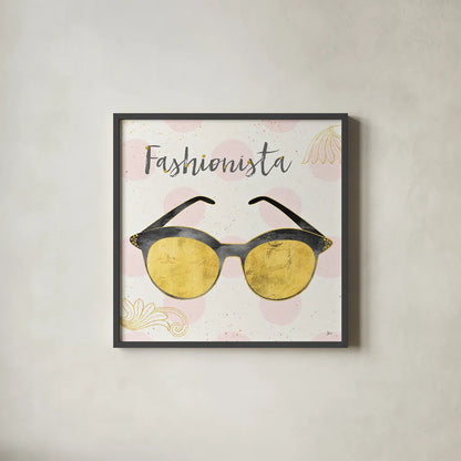 Fashion Blooms IV Black by Jess Aiken. Shown in a sleek black glass frame for a contemporary gallery look. Available as an archival giclee rolled canvas, fine art paper, or poster print. SKU 45820a.