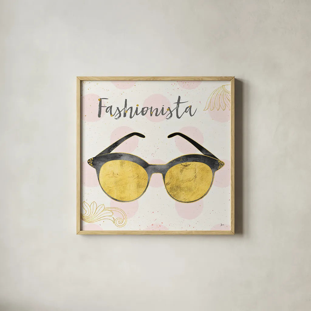 Fashion Blooms IV Black by Jess Aiken. Shown in a natural wood glass frame for a timeless modern aesthetic. Available as an archival giclee rolled canvas, fine art paper, or poster print. SKU 45820a.