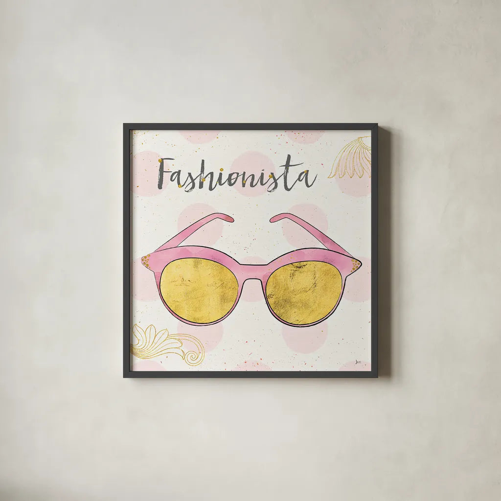 Fashion Blooms IV Pink by Jess Aiken. Shown in a sleek black glass frame for a contemporary gallery look. Available as an archival giclee rolled canvas, fine art paper, or poster print. SKU 45816a.