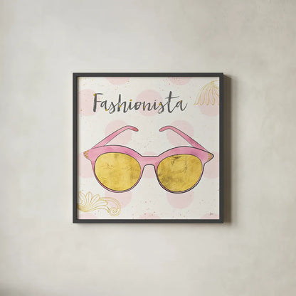 Fashion Blooms IV Pink by Jess Aiken. Shown in a sleek black glass frame for a contemporary gallery look. Available as an archival giclee rolled canvas, fine art paper, or poster print. SKU 45816a.